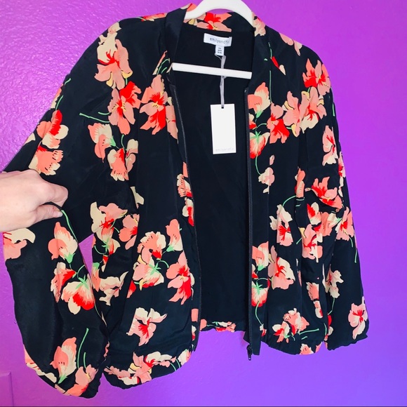 Silk Coral Red & Black Floral Bomber Jacket NWT 14 - Picture 7 of 8